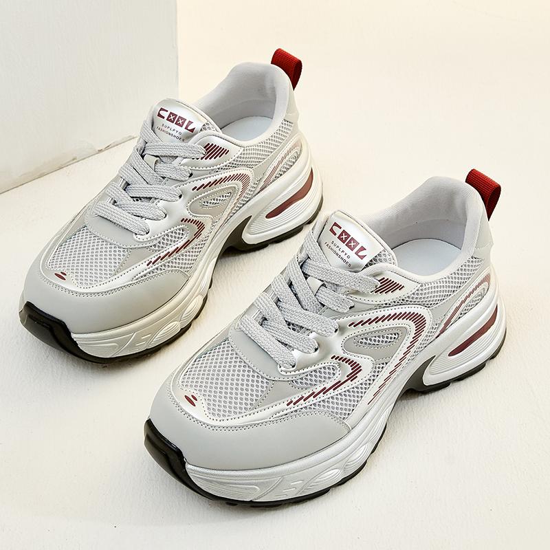 康益韩版厚底圆头大码女鞋40—43休闲真皮老爹鞋41网面透气小白鞋