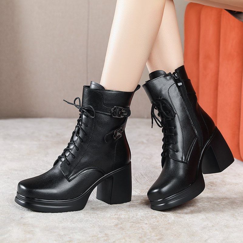 头层牛皮女鞋英伦风真皮马丁靴女冬季加绒系带粗跟防水台厚底短靴