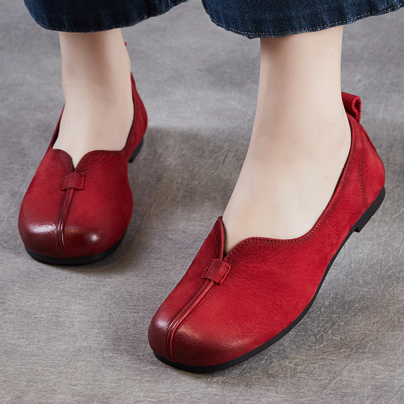 头层牛皮女鞋民族风真皮深口单鞋春红色圆头低跟一脚蹬软底复古鞋,女鞋,深口单鞋,淘宝优惠券,粉丝福利购,淘宝优惠卷