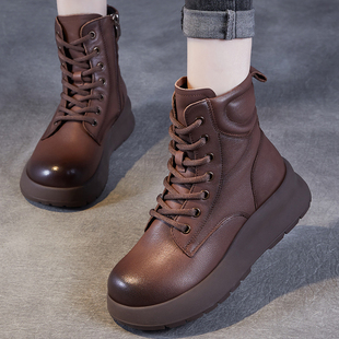 头层牛皮大码女鞋41英伦风真皮马丁靴女冬季厚底短靴加绒保暖靴子
