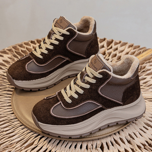 头层牛皮大码女鞋41-43冬季棉鞋休闲高帮棕色加绒保暖厚底运动鞋