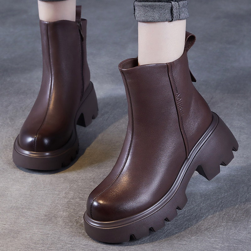 头层牛皮女靴英伦风真皮马丁靴女冬季加绒厚底增高保暖侧拉链短靴