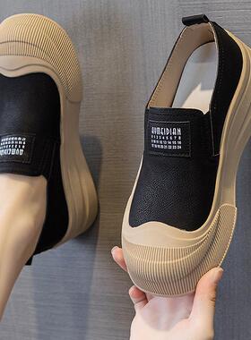 真皮大码鞋41-43渔夫鞋2025新款厚底一脚蹬单鞋平底鞋懒人乐福鞋