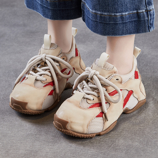头层牛皮女鞋休闲风厚底老爹鞋冬季拼色系带增高鞋轻便透气运动鞋