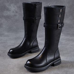 真皮高筒靴女2025秋冬新款厚底增高马丁靴百搭英伦风骑士靴长筒靴