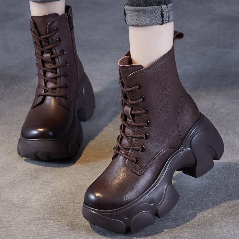 头层牛皮靴子英伦风真皮厚底马丁靴女冬季系带加绒短靴小个子增高