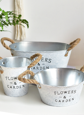 复古英文字母白色金属铁艺花盆麻绳提手椭圆形园艺装饰桶多肉花盆