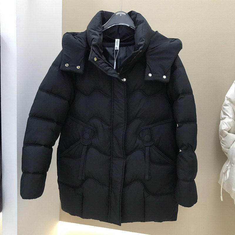 黑色连帽中长款棉服女2025冬季加厚羽绒棉保暖外套时尚百搭棉衣潮