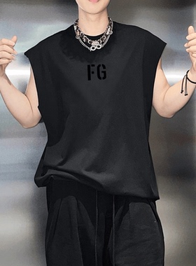 ESSENTLAIS FOGESS2025坎袖背心男新款美式高街潮牌设计感坎肩t恤