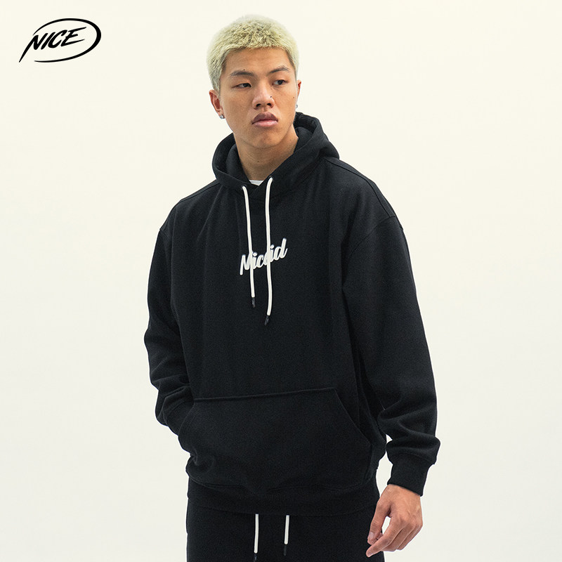 NICEID NICE 스포츠 스웨트 셔츠 남성 가을 겨울 트렌디 캐주얼 루즈 후드 라운드 넥 풀오버 탑