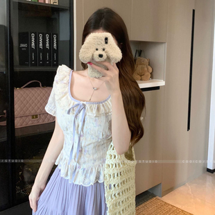 遮肚子显瘦短袖 大码 女夏季 胖mm法式 上衣 气质甜美风荷叶边碎花衬衫