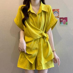 两件套 夏装 搭配一整套女大码 胖mm韩系不规则系带收腰衬衫 阔腿短裤
