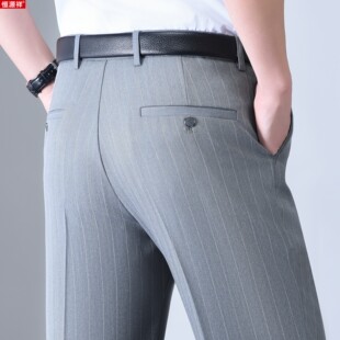 男中年高腰宽松条纹西装 男裤 裤 夏季 免烫爸爸装 恒源祥商务亚麻西裤