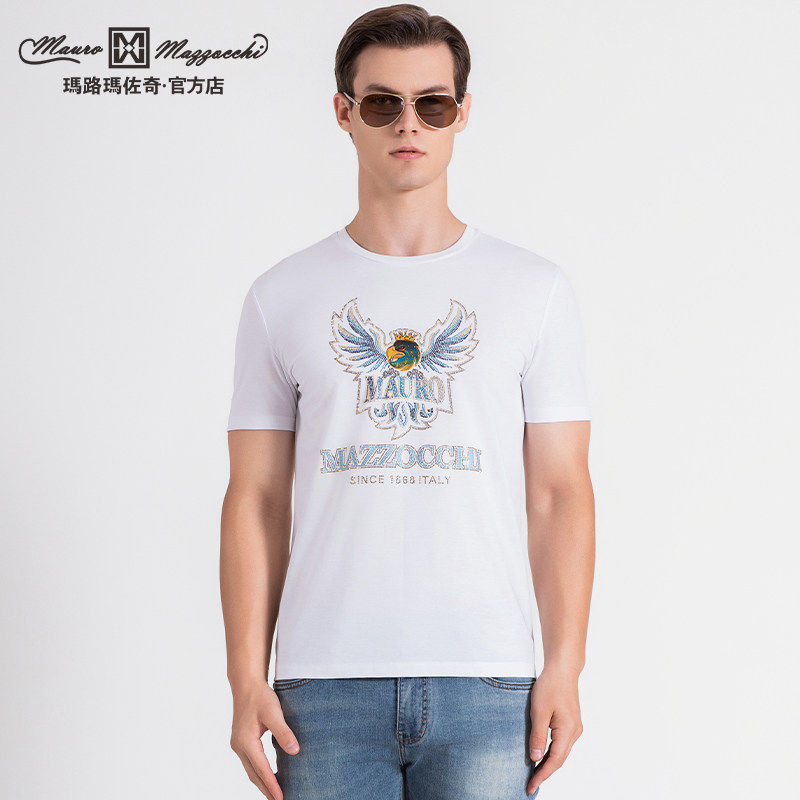玛路男装/MAURO春夏柔软透气/时尚鹰头烫钻圆领短袖T恤ML237342