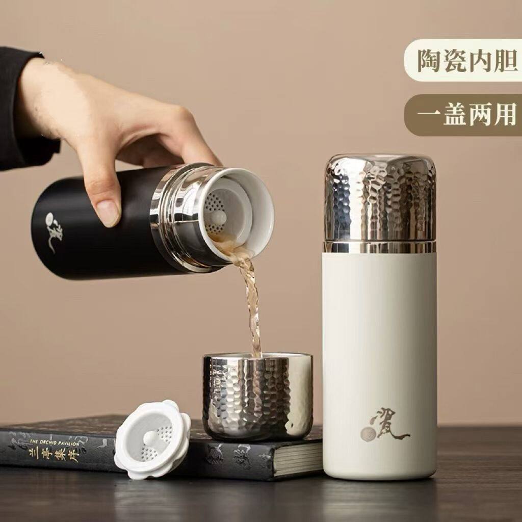 景德镇非涂层陶瓷内胆保温杯一盖两用带过滤网便携泡茶水杯礼品杯