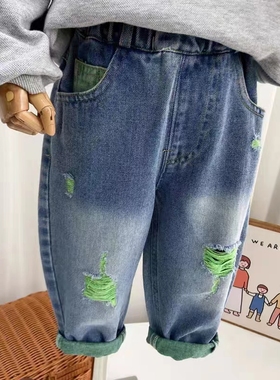 绿色破洞牛仔裤网红潮流新款童装儿童裤子男童女童休闲裤春秋长裤