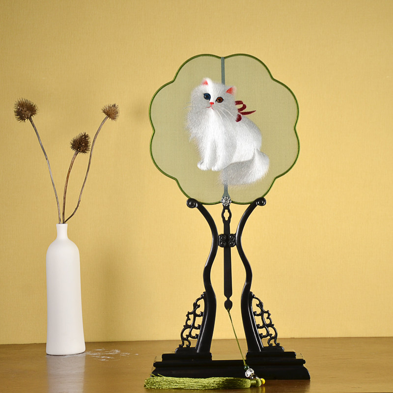 SU XIANGJI 팬 술 공예 선물 장식 보라색 백단 팬 핸들 페르시아 고양이와 실크 양면 자수를 사용자 정의