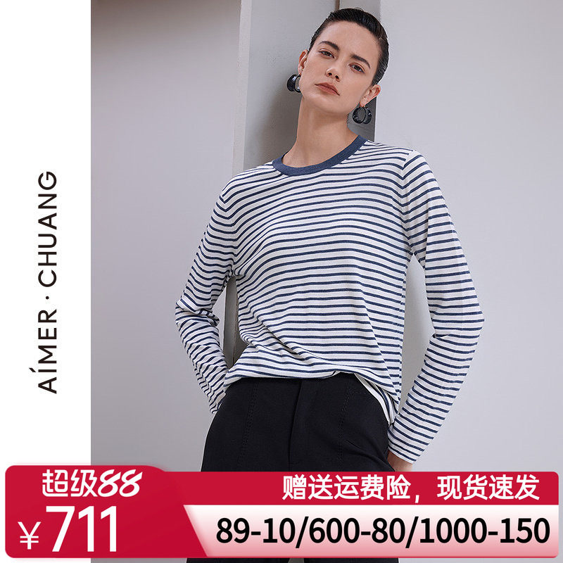 爱慕·CHUANG馈然6保暖女含羊毛条纹圆领长袖打底上衣CA721863