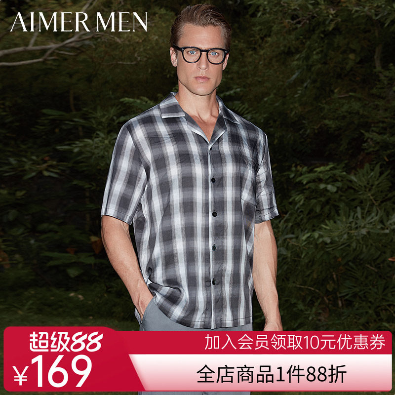 爱慕先生品牌含莱赛尔纤维翻领开襟格纹男士家居短袖上衣41A931
