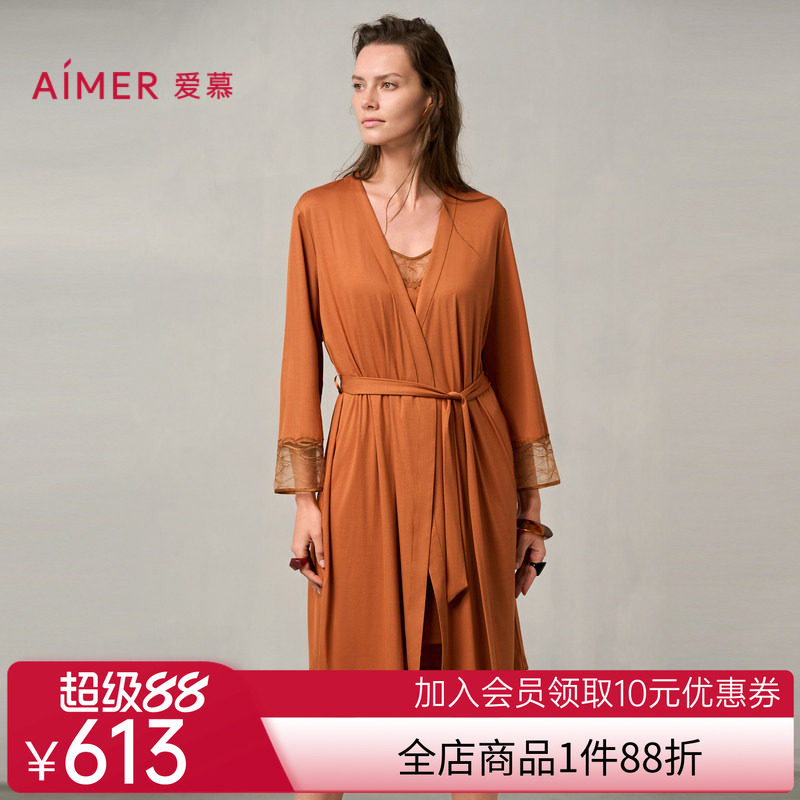 爱慕梦远星河睡衣女秋冬薄款蕾丝晨袍莫代尔睡袍AM48A041