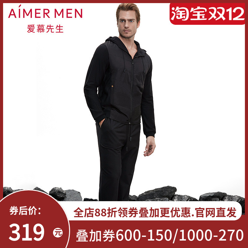 aimer men爱慕先生酷黑运动敞口中绒长裤NS82B361