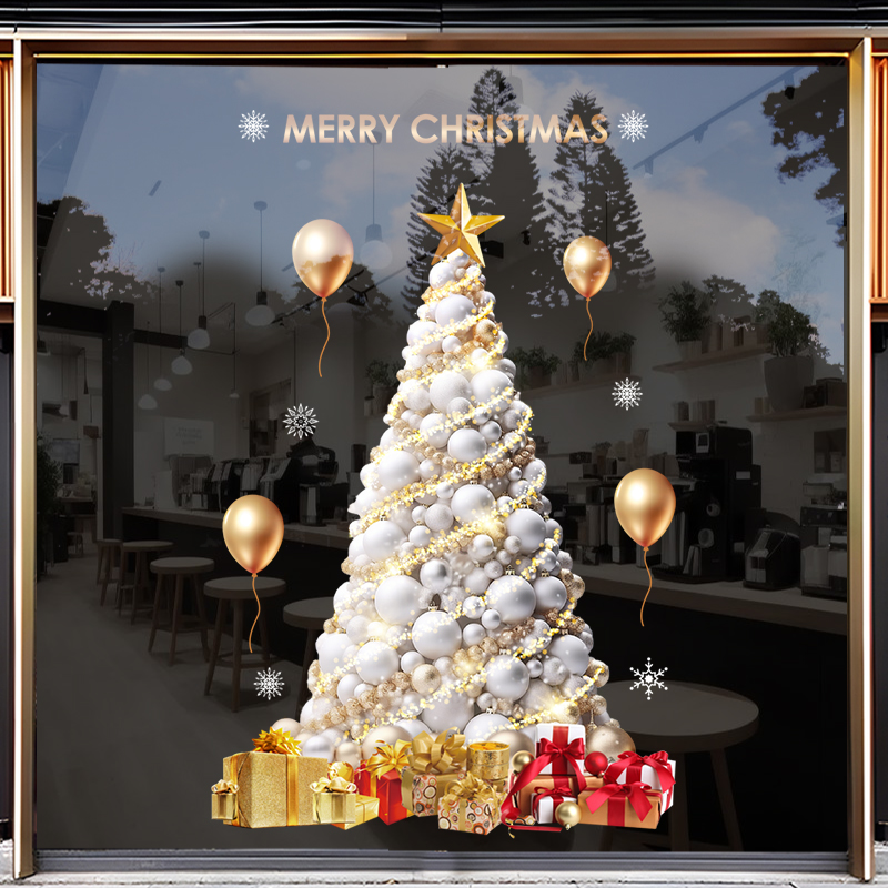 圣诞节树门贴装饰玻璃贴商场店铺珠宝橱窗节日氛围布置贴画静电贴