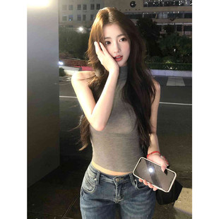 背心上衣 收腰内搭打底衫 奶皮子辣妹纯欲性感半高领无袖 T恤女修身