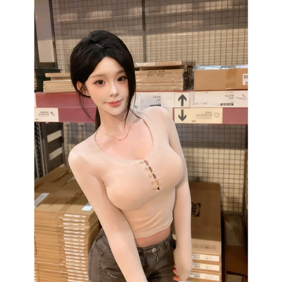 亨利领长袖T恤女修身打底纽扣