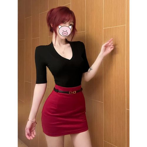 性感纯欲辣妹轻熟风V领五分中袖T恤女内搭打底修身收腰打底衫上衣