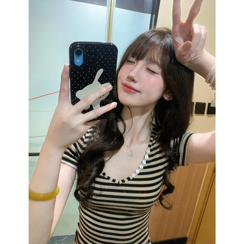 V领条纹短袖T恤女夏季修身