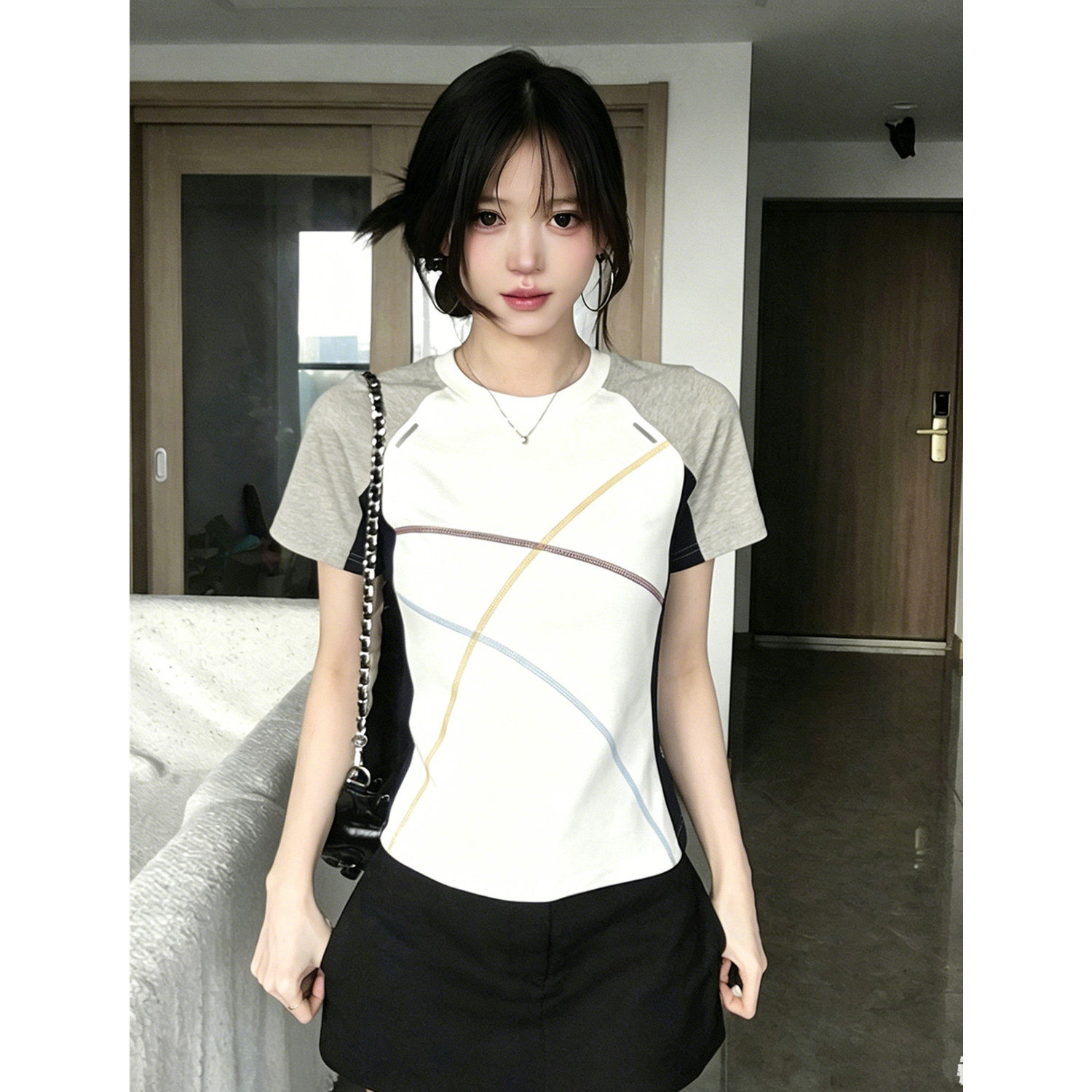 美式哈苏线撞色设计感小众别致正肩短袖T恤女夏2026新款修身上衣