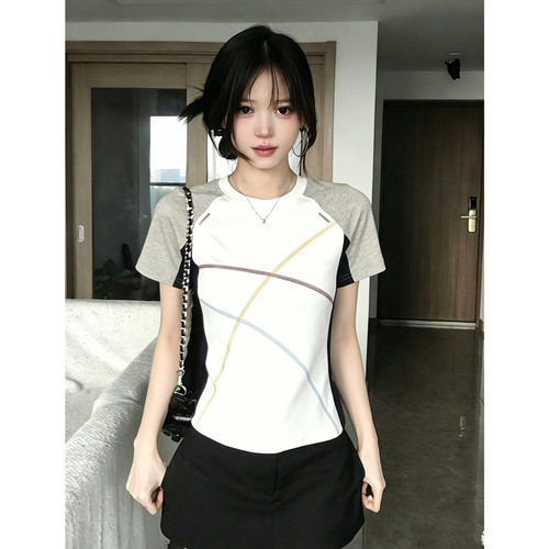 撞色明线短袖T恤女修身
