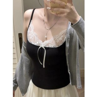 蕾丝蝴蝶结U领设计感辣妹吊带背心女夏季 内搭打底上衣 带胸垫修身