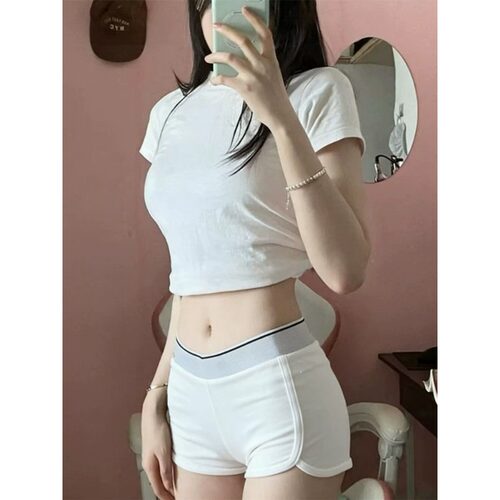 撞色短裤女夏修身高腰