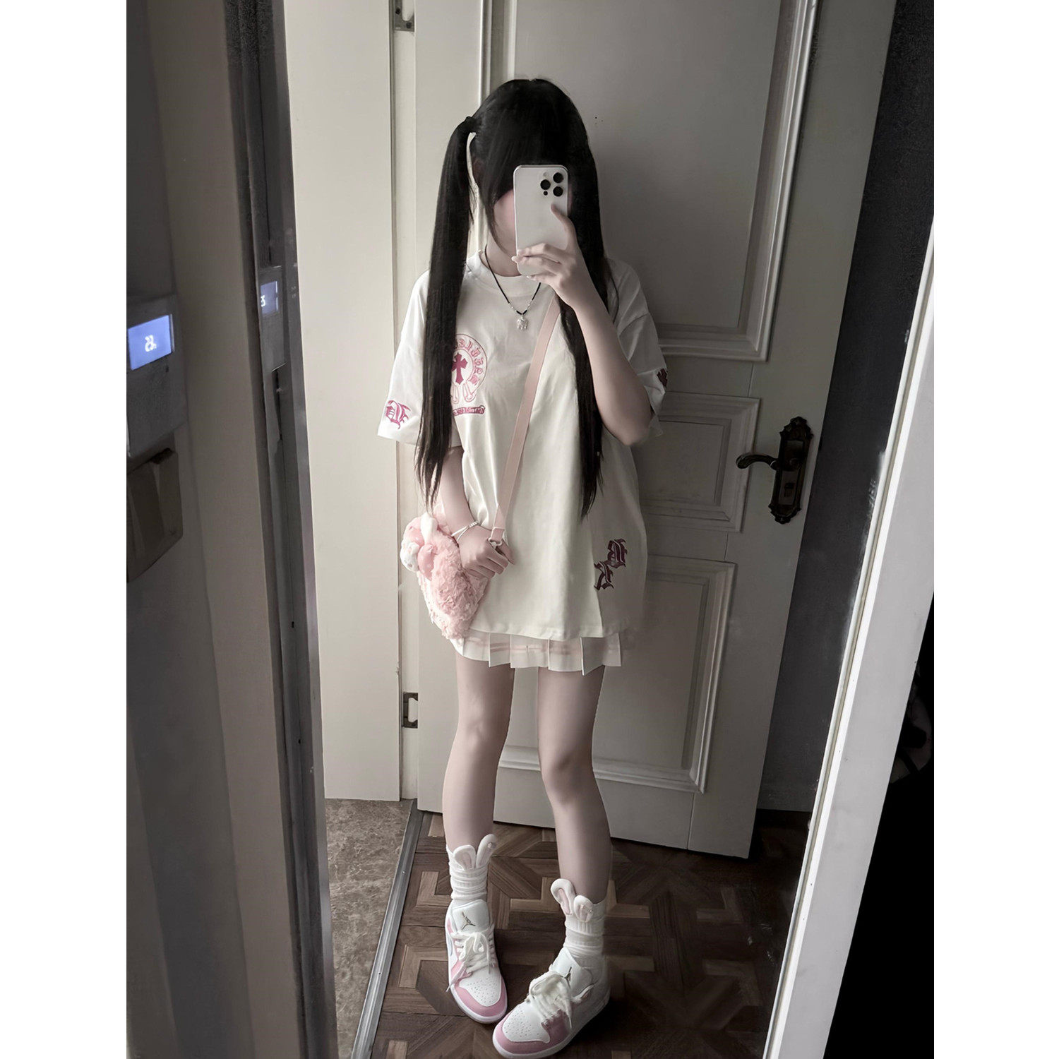 美式高街潮牌设计感小众粉色刺绣短袖T恤女夏季宽松oversize上衣