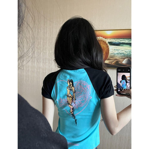 美式复古高街辣妹撞色设计感印花正肩短袖T恤女夏季修身短款上衣