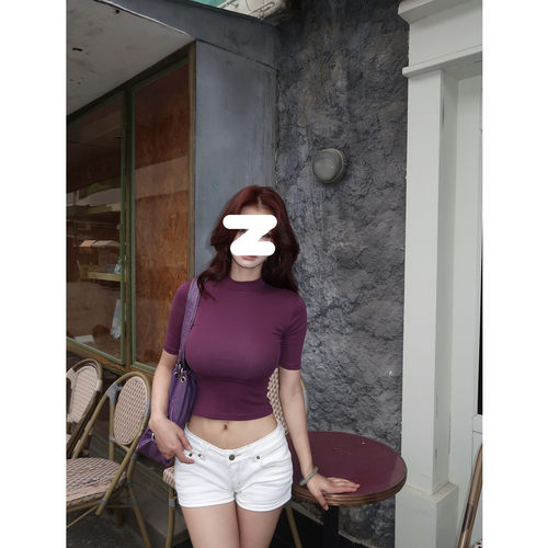 紫色美式辣妹纯欲性感半高领五分中袖T恤女内搭打底修身短款上衣