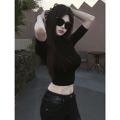 紧身收腰短款 纯色辣妹性感半高领中袖 T恤女秋季 露脐打底百搭上衣