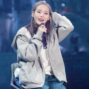 IU同款卫衣女灰色李知恩连帽春秋薄款慵懒风宽松拉链开衫外套上衣