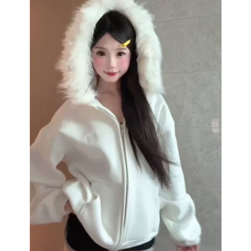 美式复古秋冬新款毛领连帽设计感卫衣外套女宽松百搭拉链开衫上衣