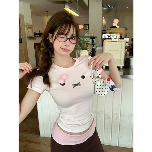 米菲小兔印花美式正肩圆领短袖T恤女夏季修身收腰弹力打底衫上衣