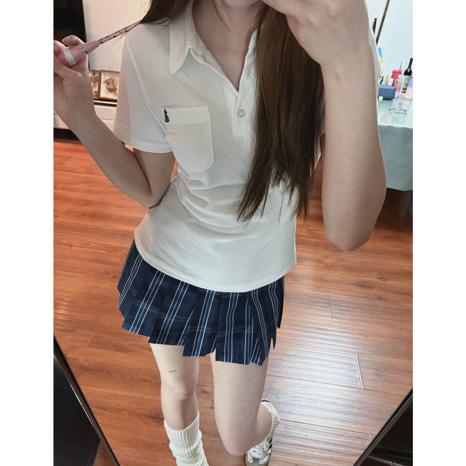 美式辣妹JK学院风口袋刺绣POLO衬衫设计感短袖T恤女夏季修身上衣