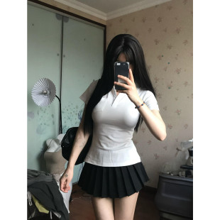 校供感学院JK辣妹刺绣POLO衫短袖T恤女夏季紧身掐腰漫画身材上衣