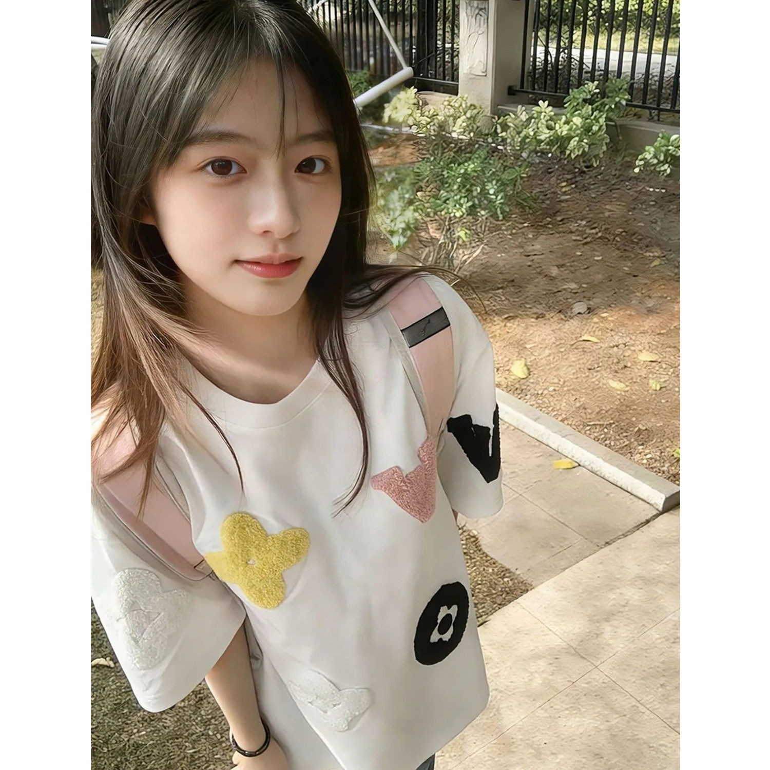 国潮牌美式字母毛巾绣白色短袖t恤女夏季新款宽松慵懒风纯棉上衣