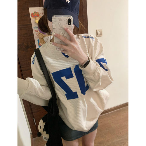 华夫格长袖T恤女春秋宽松