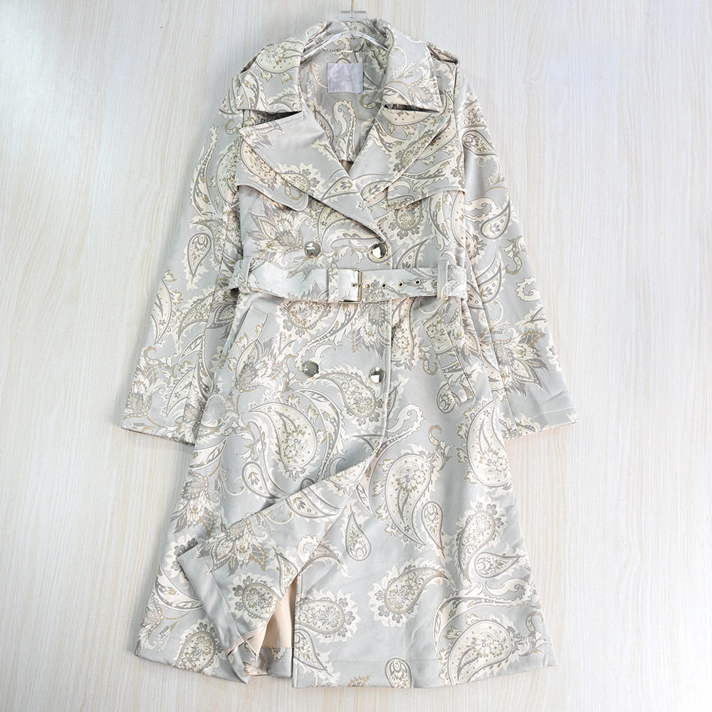 思琪女装259/15  麂皮绒图腾印花西服领腰带修身休闲中长款风衣