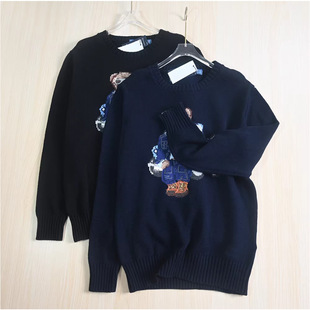 色织卡通熊粗针棉线圆领长袖 可情侣款 美国单 针织毛衣 2512