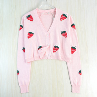 2512 针织开衫 长袖 甜美风棉混纺草莓提花V领休闲短款 思琪女装