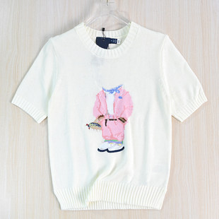 短袖 思琪女装 美国单卡通熊粗针棉线混纺圆领短款 毛衣 2512