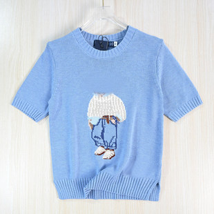 美国单卡通熊粗针棉线圆领短袖 针织毛衣 2512 思琪女装